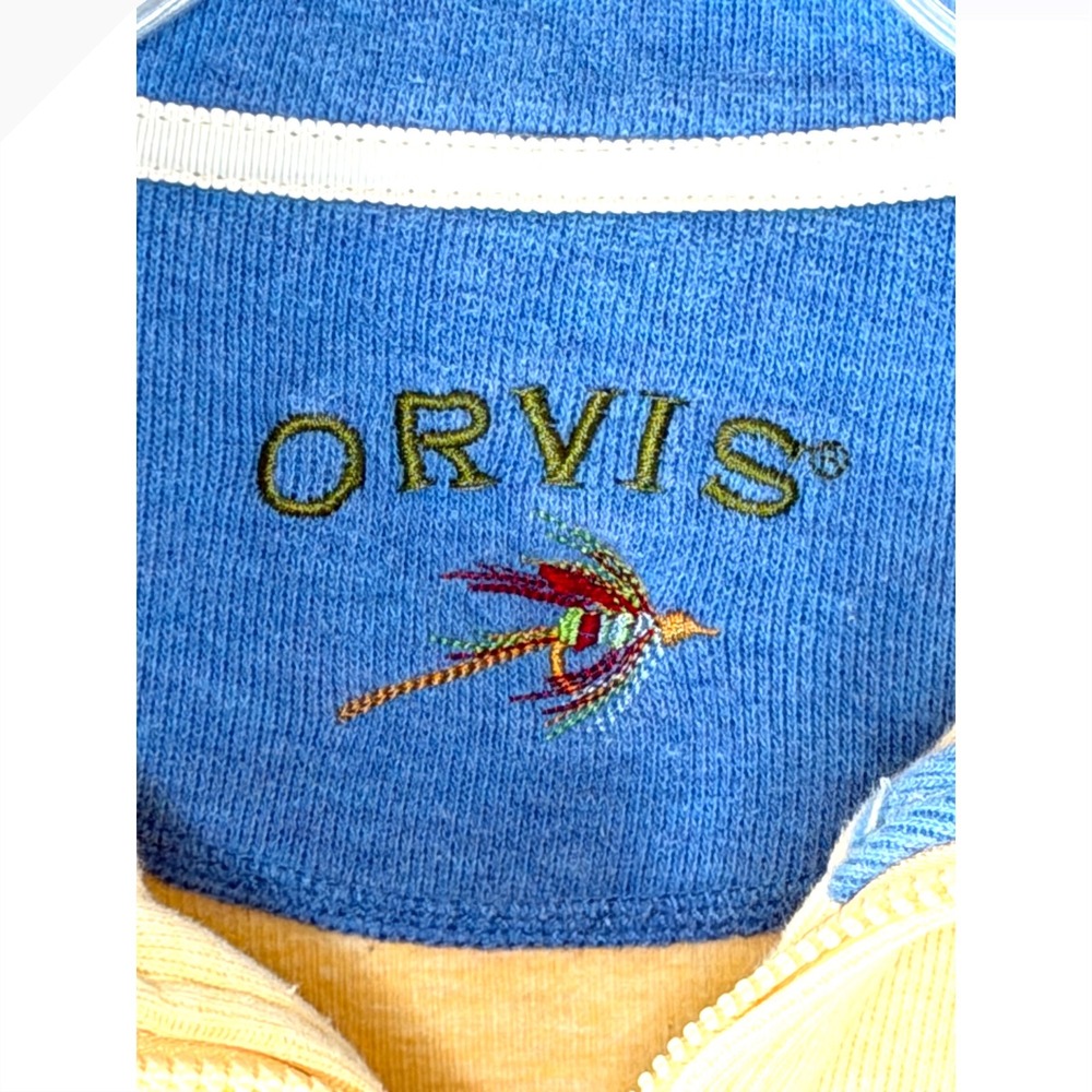 Orvis Mens 100% Cotton Quarter Zip Pullover Sweatshirt Yellow Blue RN 70534 - Picture 3 of 8